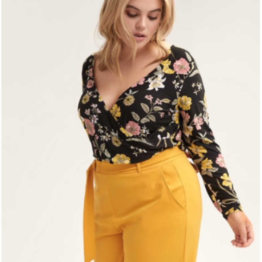 Addition Elle Floral Surplice Bodysuit Black 1X